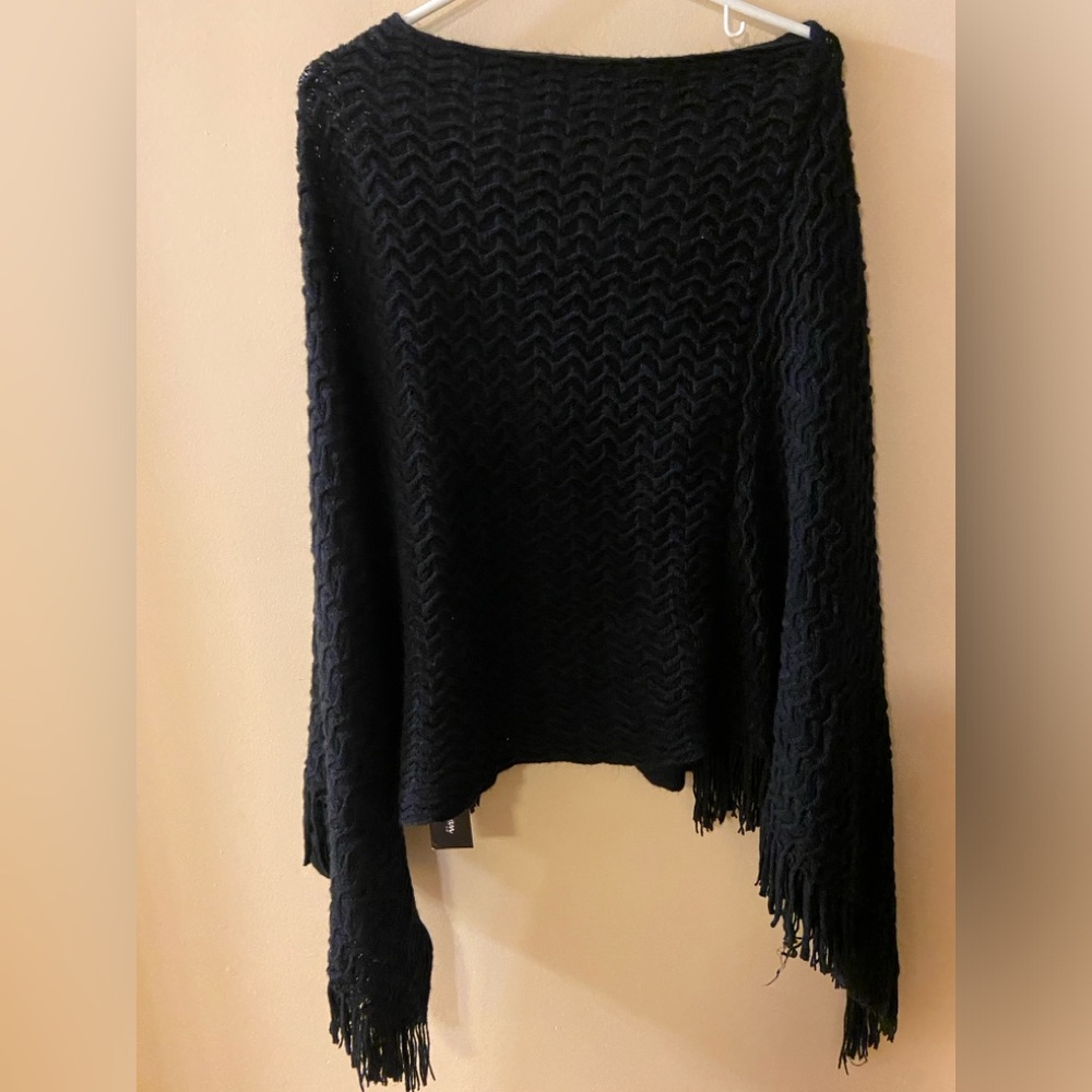 Lilly Morgan knit black cape/poncho with side fringes - NWT